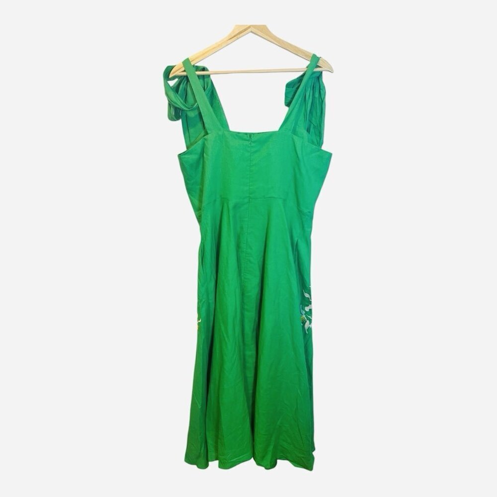 Fanm Mon Nilen Linen Midi Embroidered Dress Large Kelly Green Pockets A-Line - Picture 6 of 10